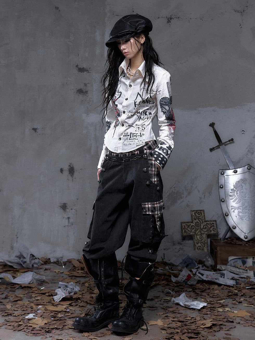 NO ROMANCE Vintage Punk Napoleonic Patchwork Workwear Lantern Women'S Cotton Straight Pants