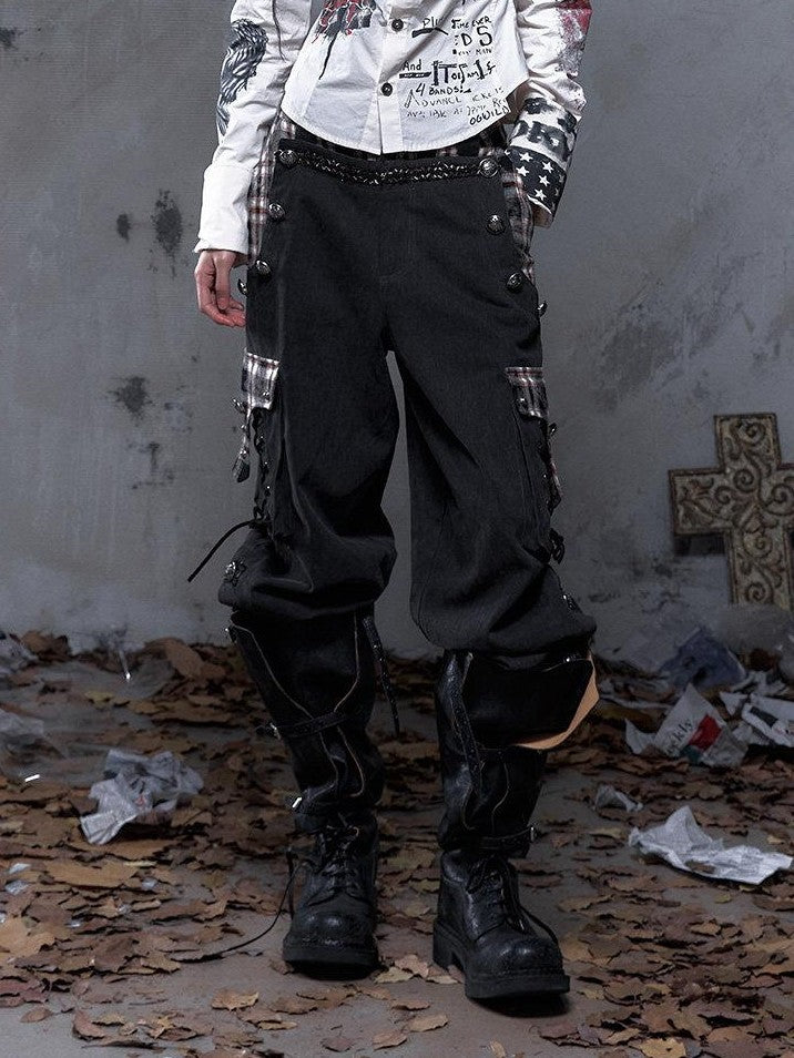 NO ROMANCE Vintage Punk Napoleonic Patchwork Workwear Lantern Women'S Cotton Straight Pants
