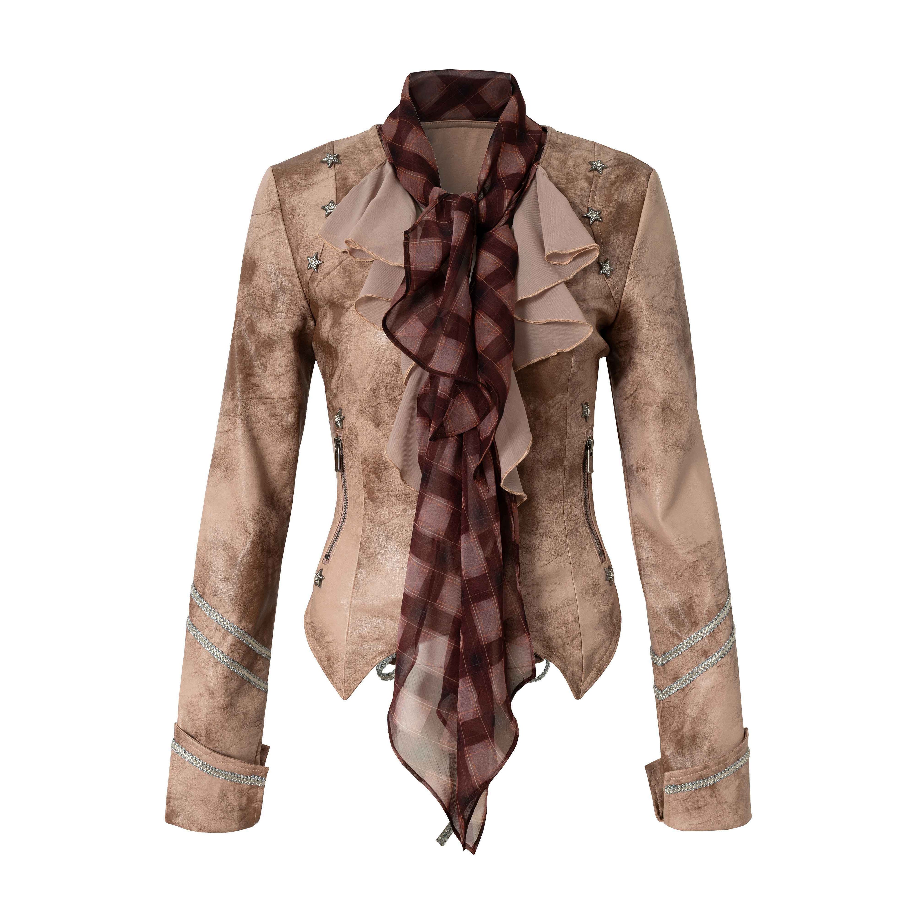 NO_ROMANCE_Vintage_Punk_Ribbon_Scarf_Women'S_Chiffon_Panel_Slim_Leather_Jackets_MISSTT