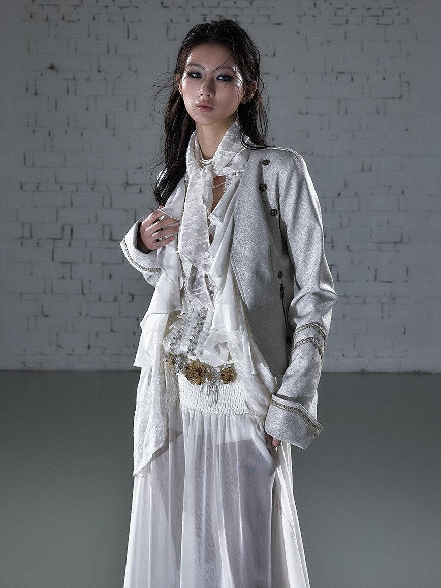 NO ROMANCE Vintage Punk Ribbon Scarf Women'S Chiffon Panel Slim Leather Jackets