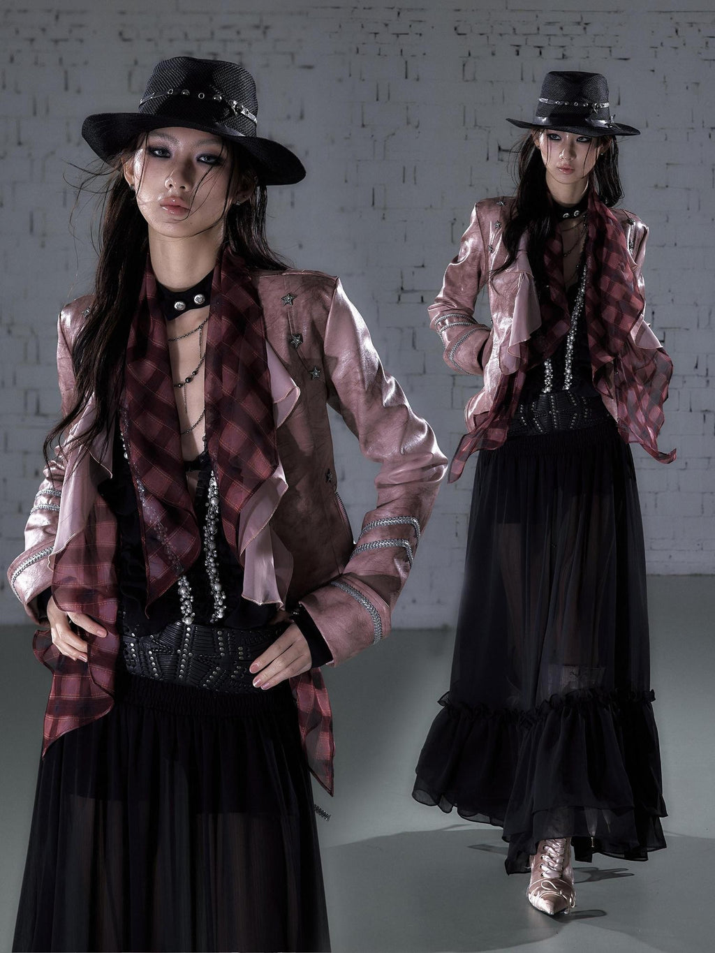 NO ROMANCE Vintage Punk Ribbon Scarf Women'S Chiffon Panel Slim Leather Jackets