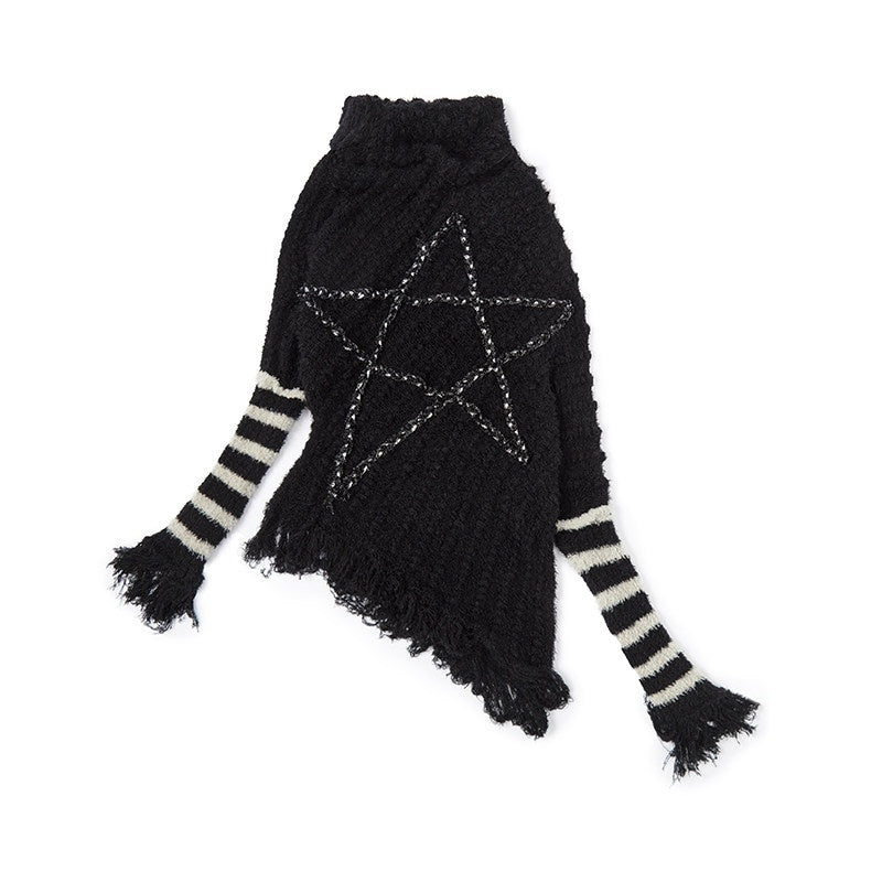 NO_ROMANCE_Vintage_Punk_Star_Stripe_Asymmetric_Batwing_Knit_Women'S_Nylon_Sweaters_MISSTT