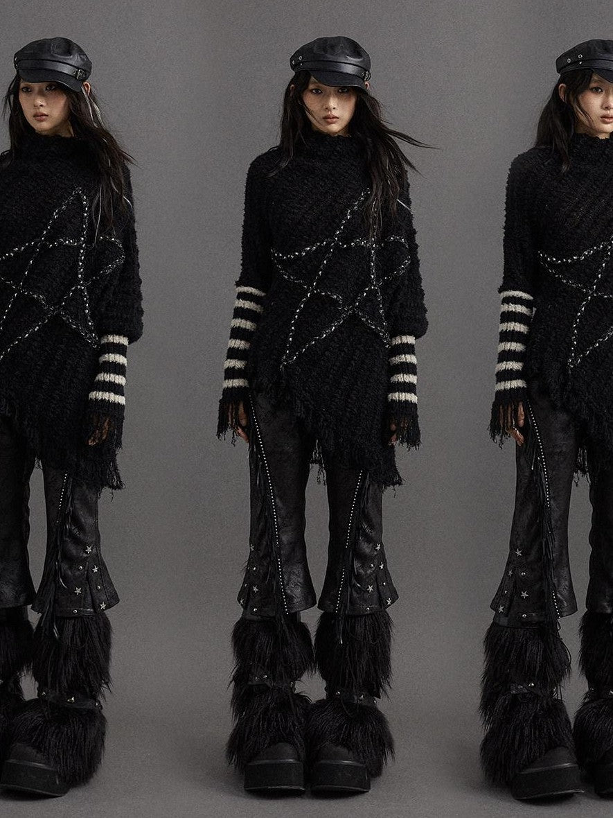 NO ROMANCE Vintage Punk Star Stripe Asymmetric Batwing Knit Women'S Nylon Sweaters