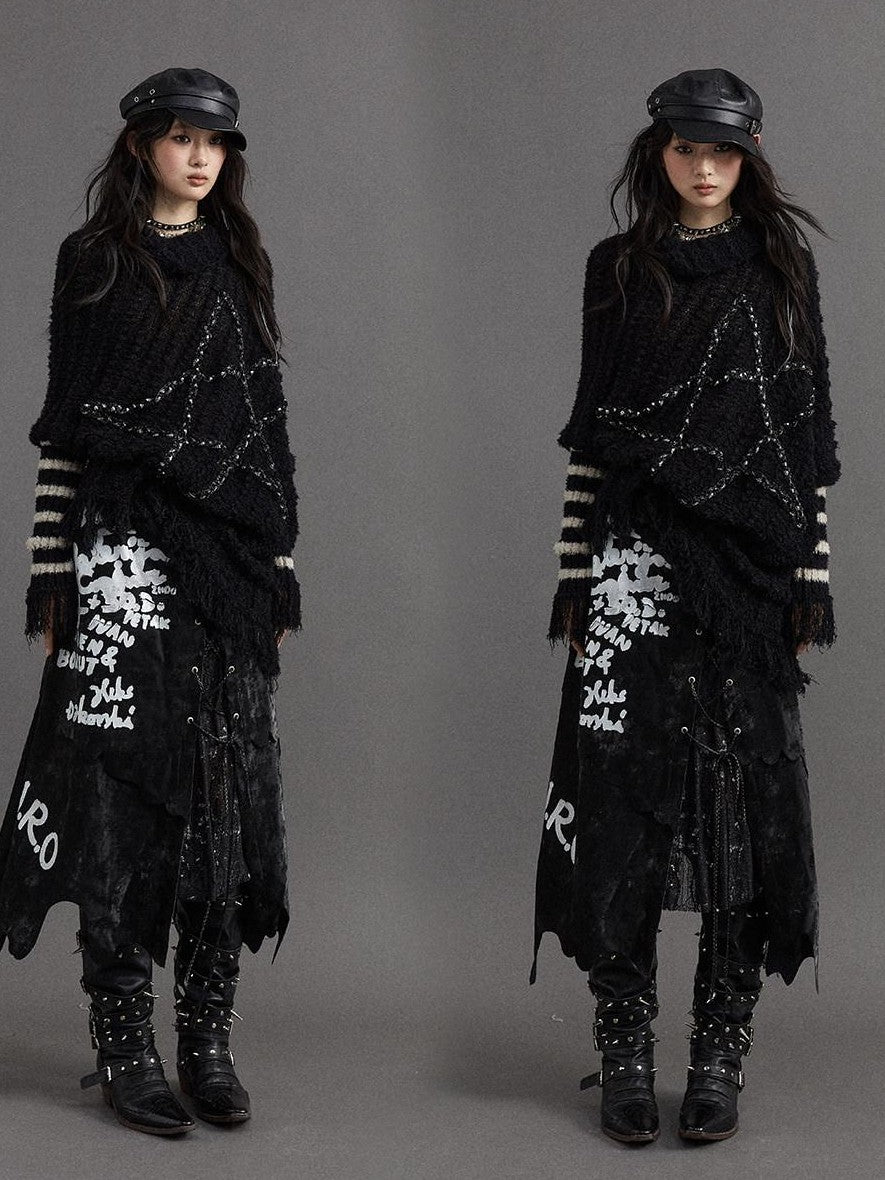 NO ROMANCE Vintage Punk Star Stripe Asymmetric Batwing Knit Women'S Nylon Sweaters