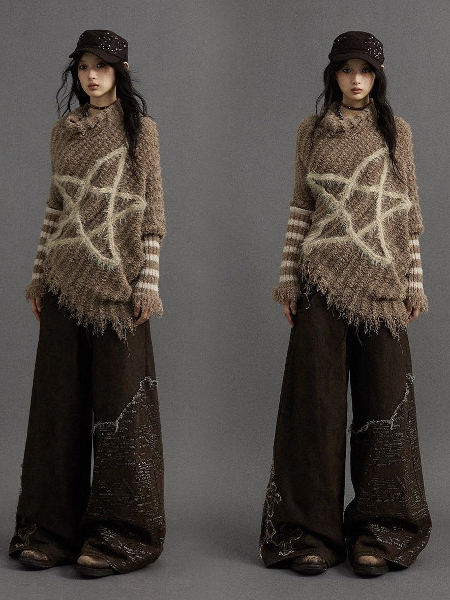 NO ROMANCE Vintage Punk Star Stripe Asymmetric Batwing Knit Women'S Nylon Sweaters