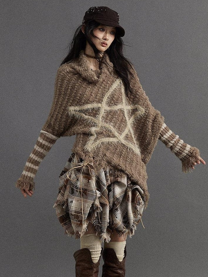 NO ROMANCE Vintage Punk Star Stripe Asymmetric Batwing Knit Women'S Nylon Sweaters