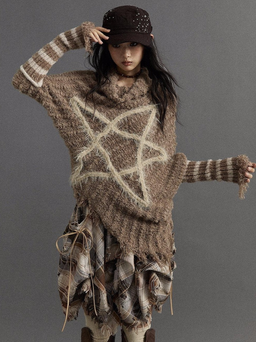 NO ROMANCE Vintage Punk Star Stripe Asymmetric Batwing Knit Women'S Nylon Sweaters