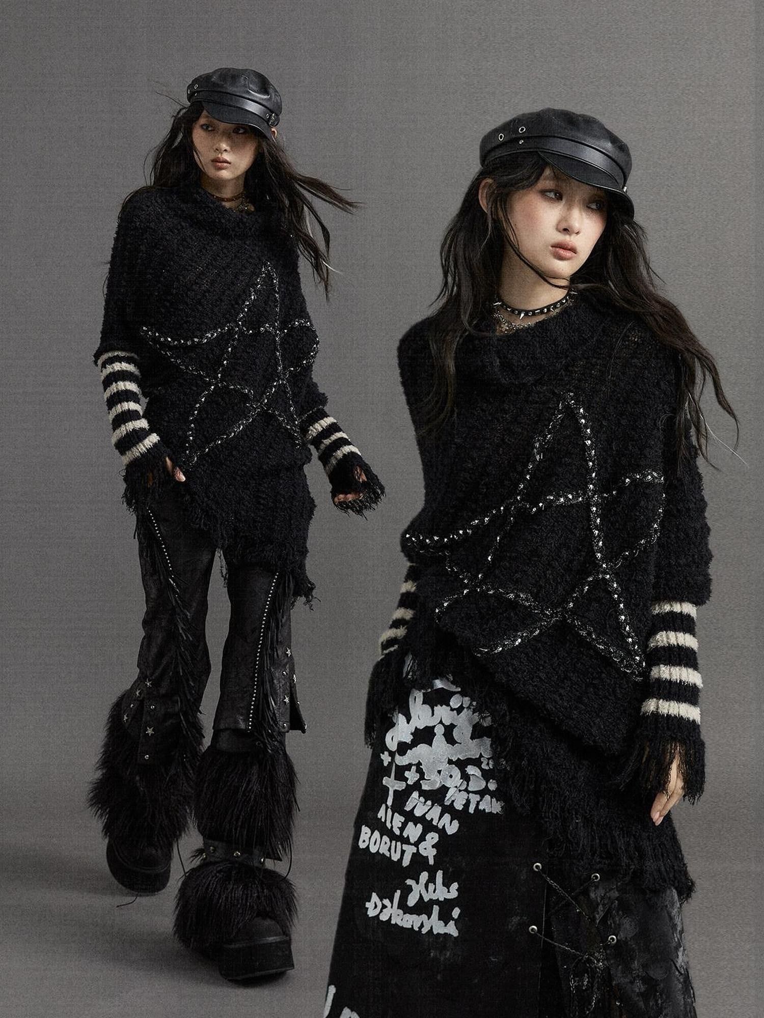 NO ROMANCE Vintage Punk Star Stripe Asymmetric Batwing Knit Women'S Nylon Sweaters