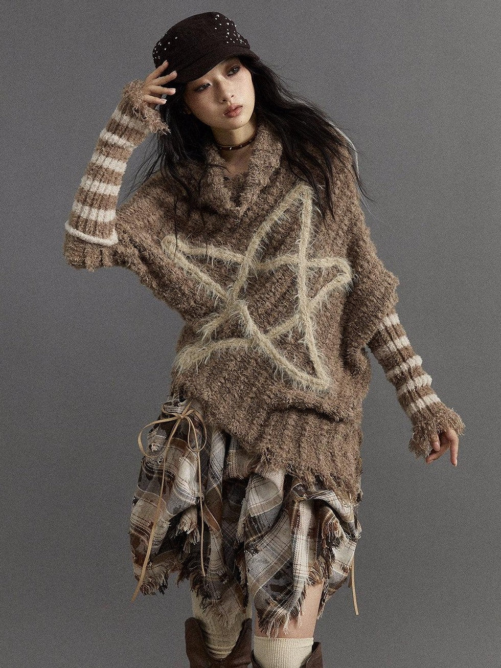 NO ROMANCE Vintage Punk Star Stripe Asymmetric Batwing Knit Women'S Nylon Sweaters