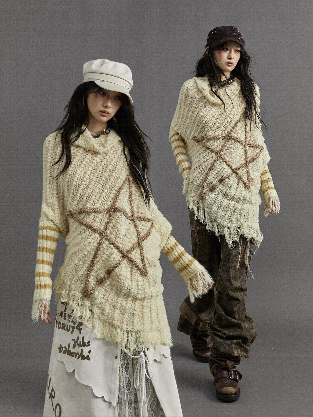 NO ROMANCE Vintage Punk Star Stripe Asymmetric Batwing Knit Women'S Nylon Sweaters