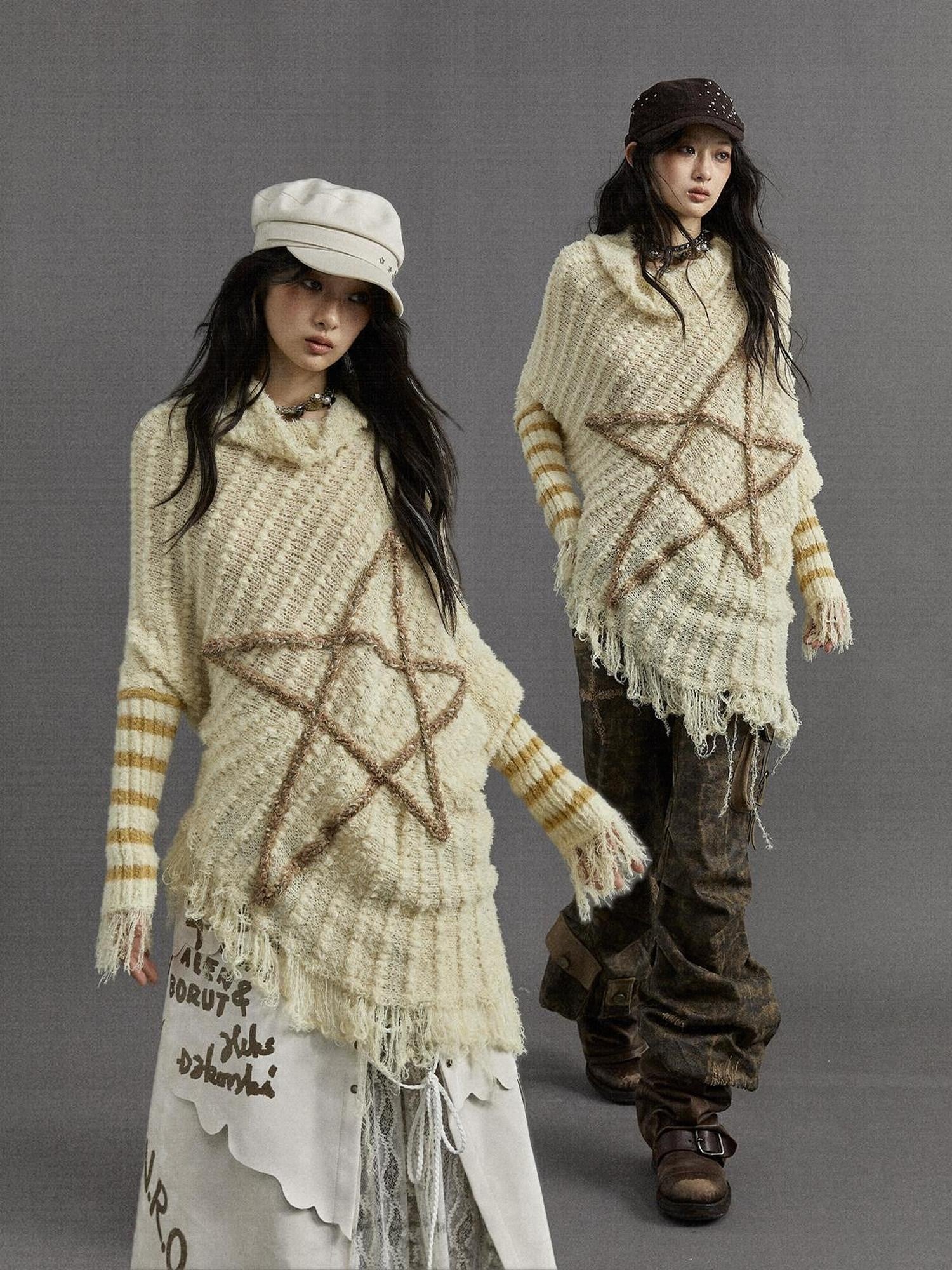 NO ROMANCE Vintage Punk Star Stripe Asymmetric Batwing Knit Women'S Nylon Sweaters