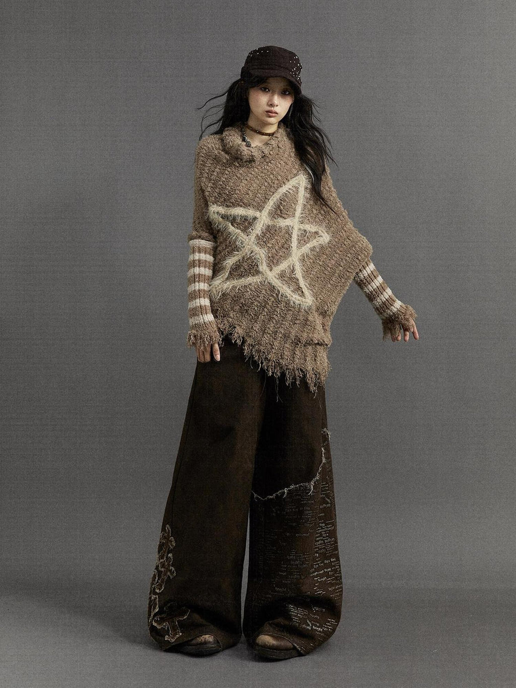 NO ROMANCE Vintage Punk Star Stripe Asymmetric Batwing Knit Women'S Nylon Sweaters