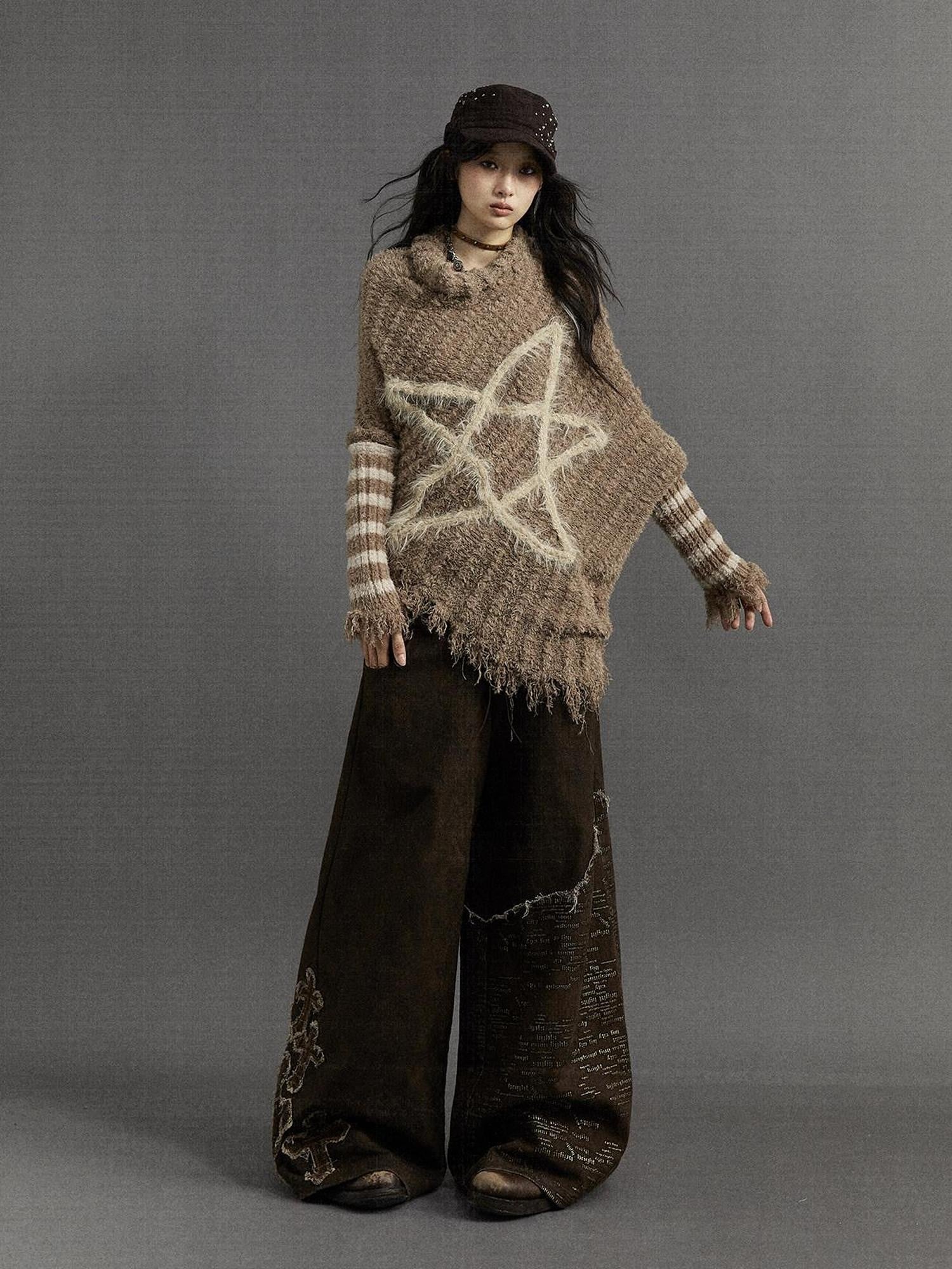 NO ROMANCE Vintage Punk Star Stripe Asymmetric Batwing Knit Women'S Nylon Sweaters