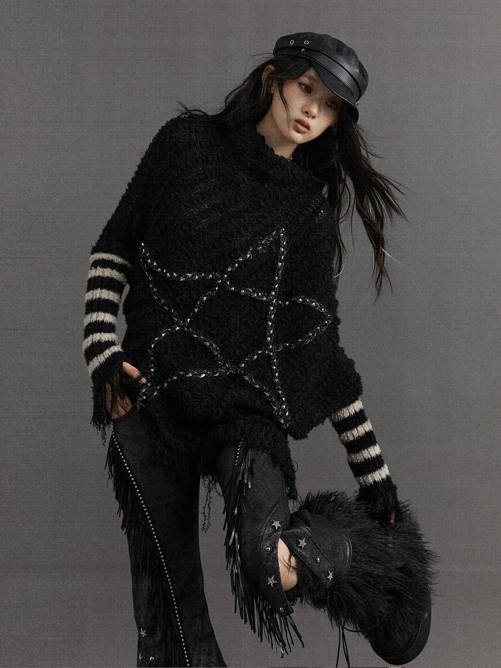 NO ROMANCE Vintage Punk Star Stripe Asymmetric Batwing Knit Women'S Nylon Sweaters
