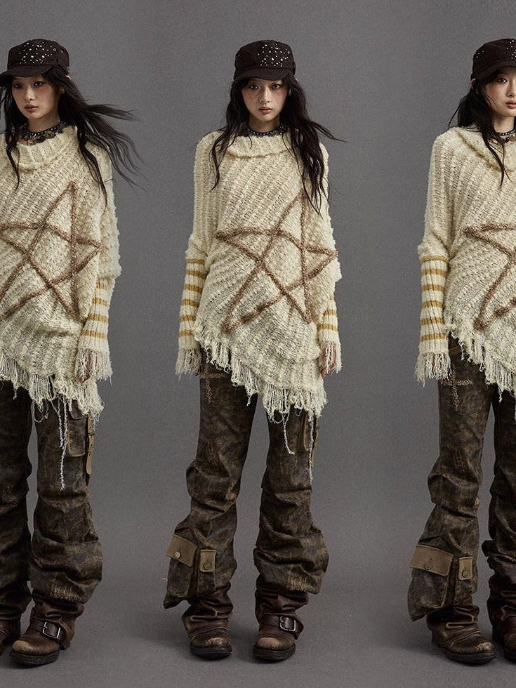 NO ROMANCE Vintage Punk Star Stripe Asymmetric Batwing Knit Women'S Nylon Sweaters