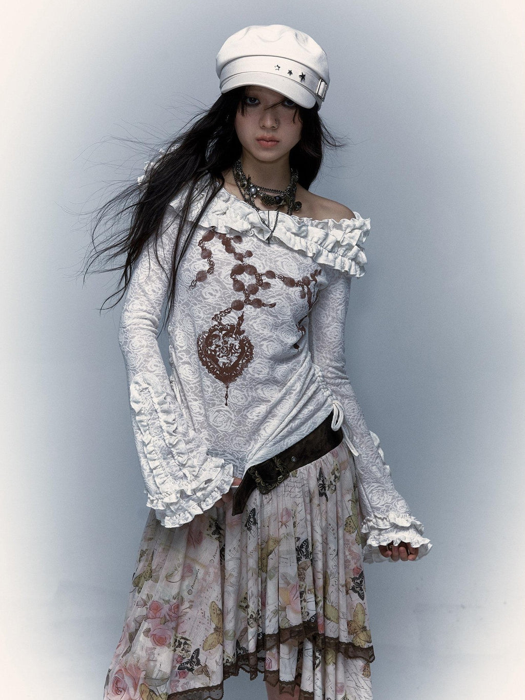 NO ROMANCE Vintage Reversible Bardot Bell Sleeve Women'S Knit Long Sleeve T-Shirts