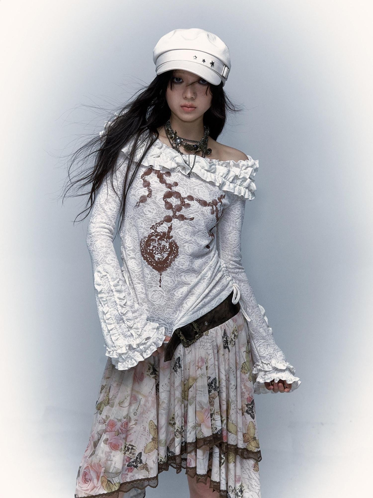 NO ROMANCE Vintage Reversible Bardot Bell Sleeve Women'S Knit Long Sleeve T-Shirts