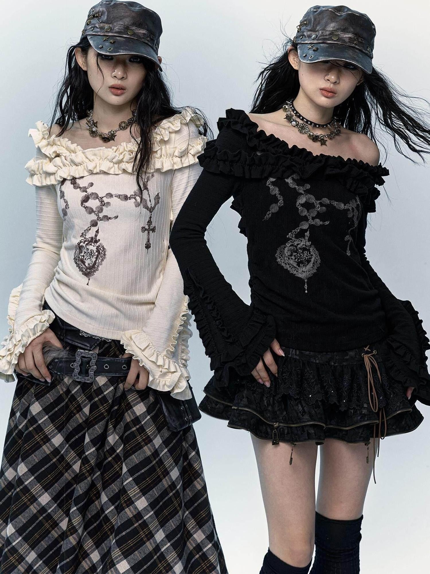 NO ROMANCE Vintage Reversible Bardot Bell Sleeve Women'S Knit Long Sleeve T-Shirts