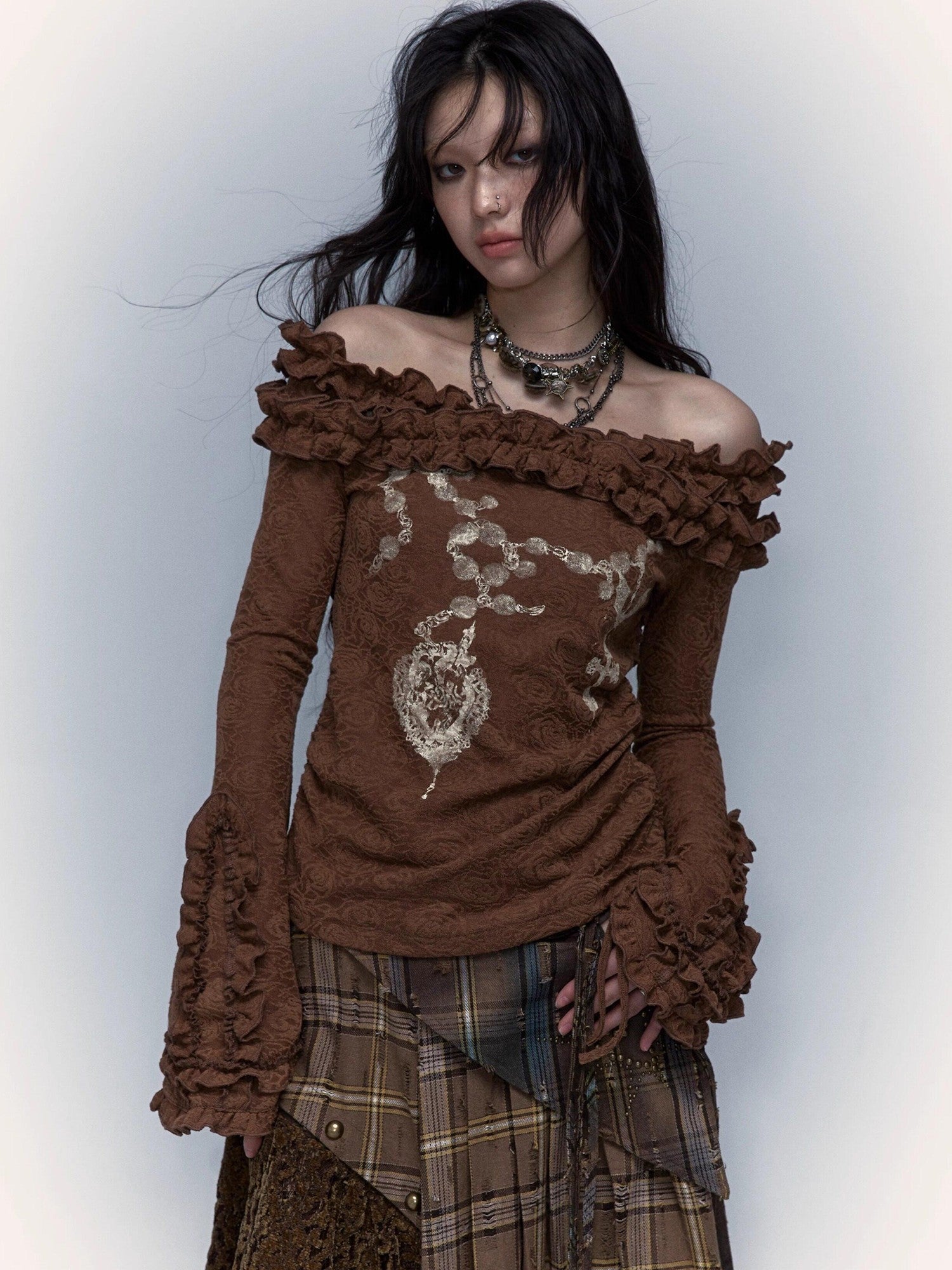 NO ROMANCE Vintage Reversible Bardot Bell Sleeve Women'S Knit Long Sleeve T-Shirts