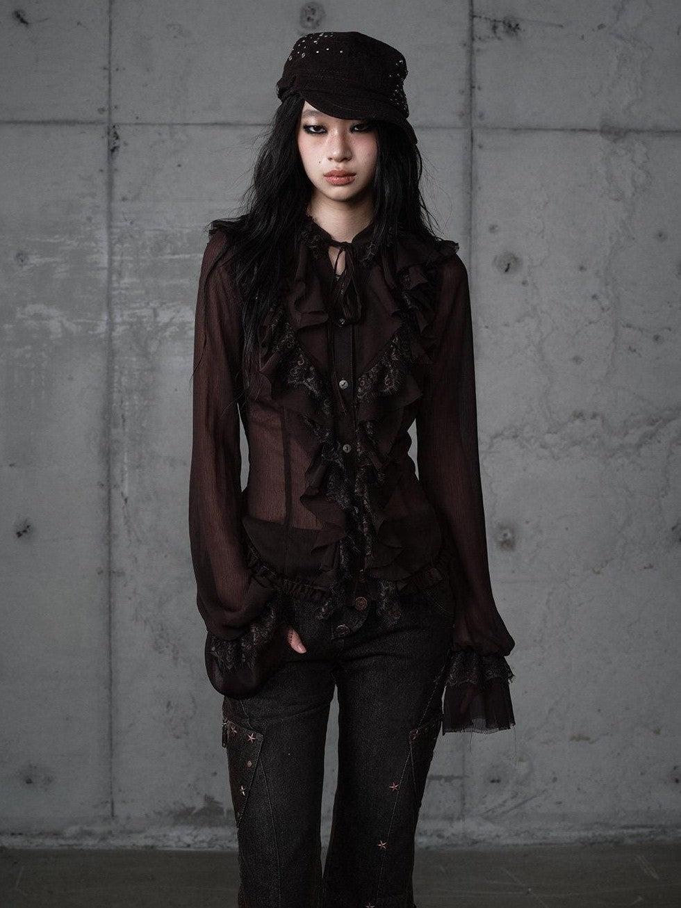 NO ROMANCE Vintage Ruffle Lace Stand Collar Long Sleeve Women'S Chiffon Blouses