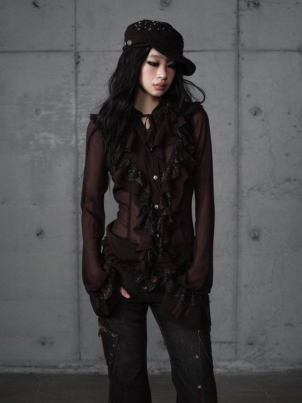 NO ROMANCE Vintage Ruffle Lace Stand Collar Long Sleeve Women'S Chiffon Blouses