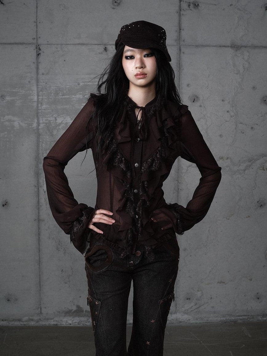 NO ROMANCE Vintage Ruffle Lace Stand Collar Long Sleeve Women'S Chiffon Blouses