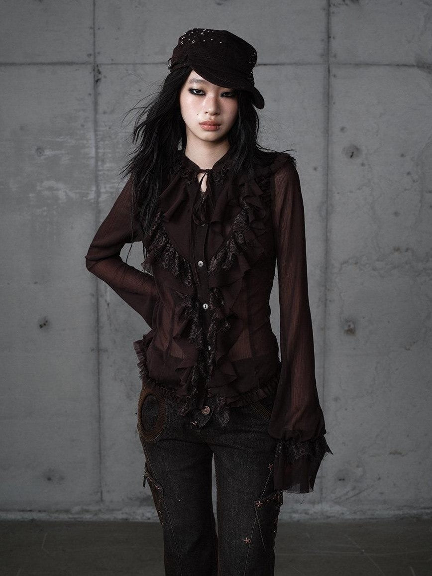 NO ROMANCE Vintage Ruffle Lace Stand Collar Long Sleeve Women'S Chiffon Blouses