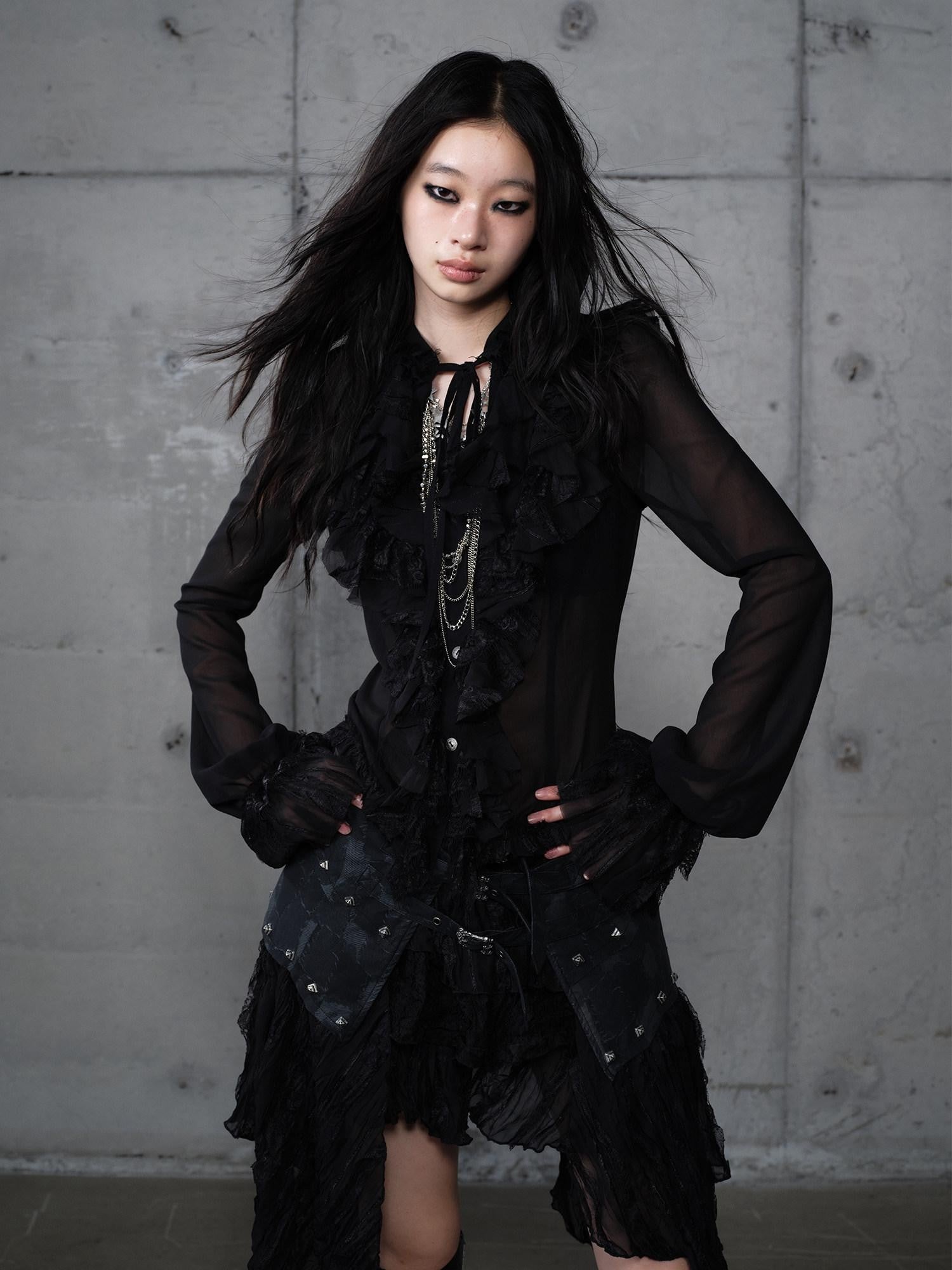 NO ROMANCE Vintage Ruffle Lace Stand Collar Long Sleeve Women'S Chiffon Blouses