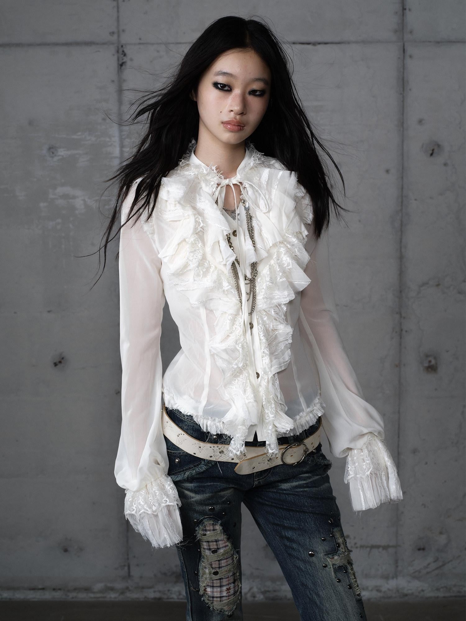 NO ROMANCE Vintage Ruffle Lace Stand Collar Long Sleeve Women'S Chiffon Blouses