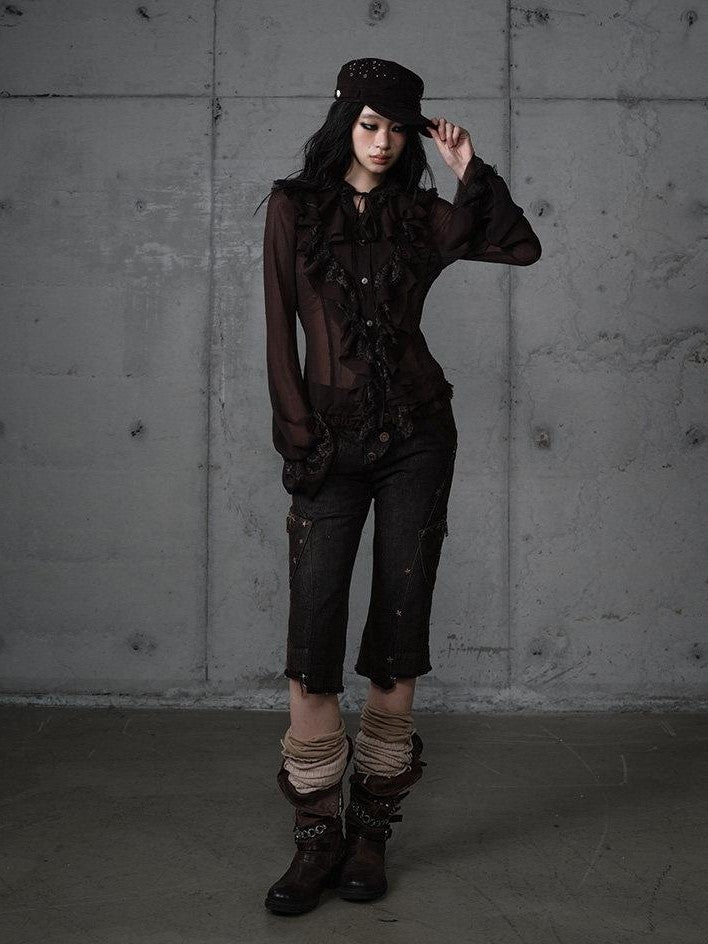 NO ROMANCE Vintage Ruffle Lace Stand Collar Long Sleeve Women'S Chiffon Blouses