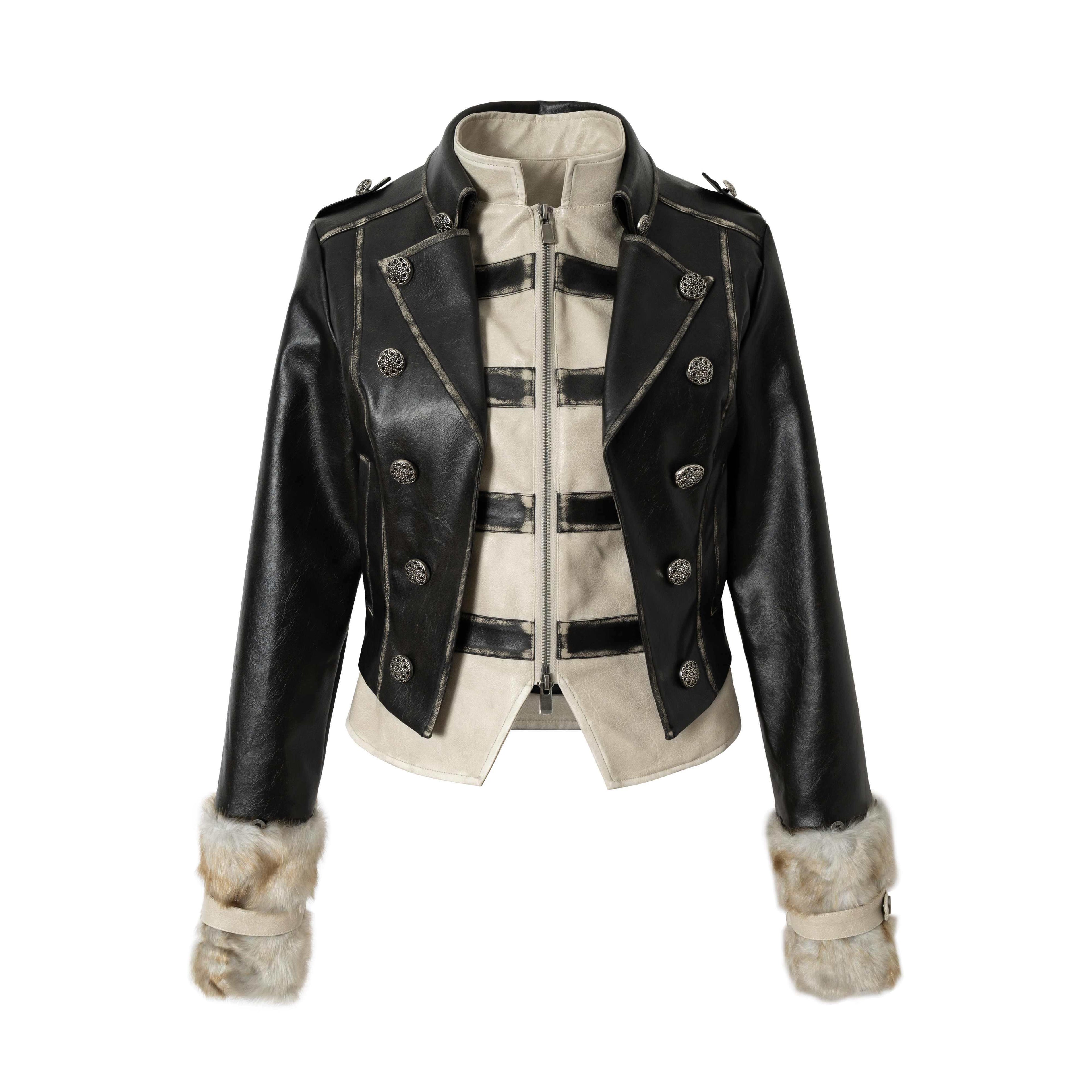 NO_ROMANCE_Washed_Black_Colorblock_Fur_Panel_Layered_Street_Punk_Women'S_Leather_Jackets_MISSTT
