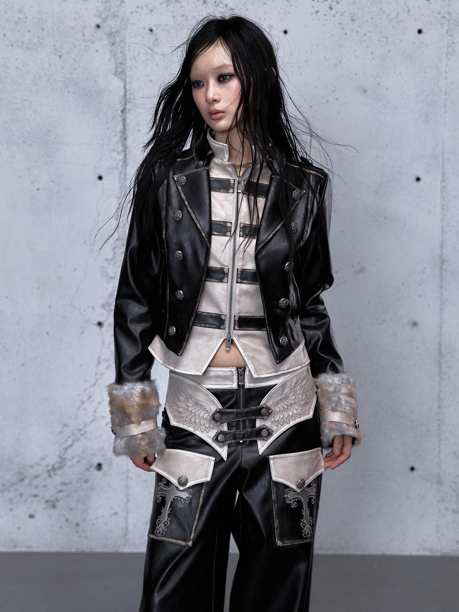 NO ROMANCE Washed Black Colorblock Fur Panel Layered Street Punk Women'S Leather Jackets