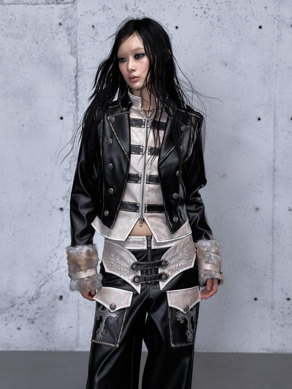 NO ROMANCE Washed Black Colorblock Fur Panel Layered Street Punk Women'S Leather Jackets