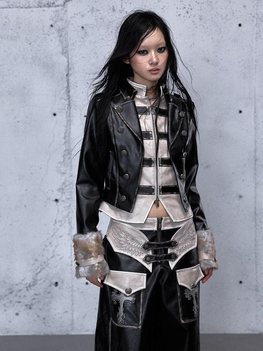 NO ROMANCE Washed Black Colorblock Fur Panel Layered Street Punk Women'S Leather Jackets