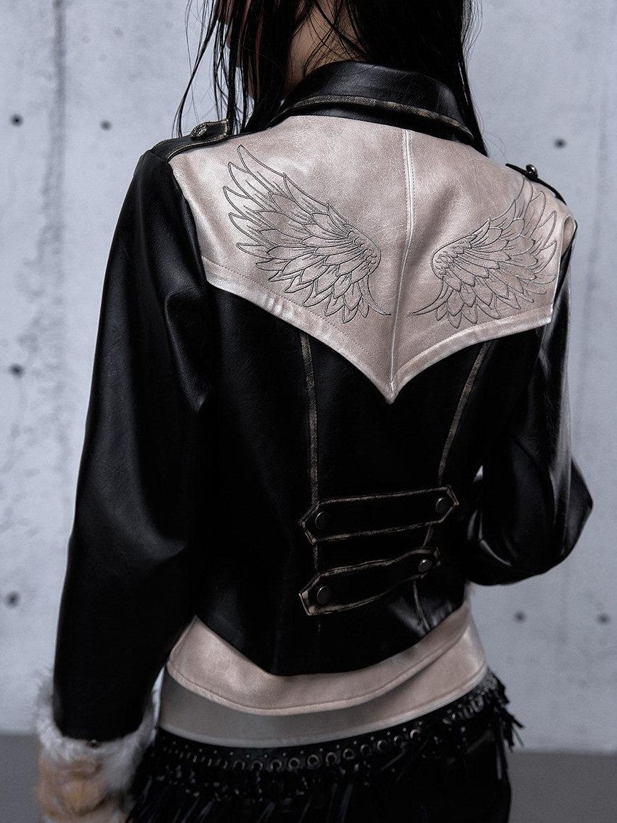 NO ROMANCE Washed Black Colorblock Fur Panel Layered Street Punk Women'S Leather Jackets