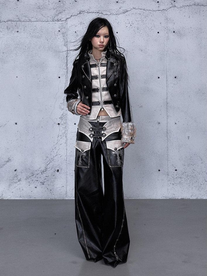 NO ROMANCE Washed Black Colorblock Fur Panel Layered Street Punk Women'S Leather Jackets