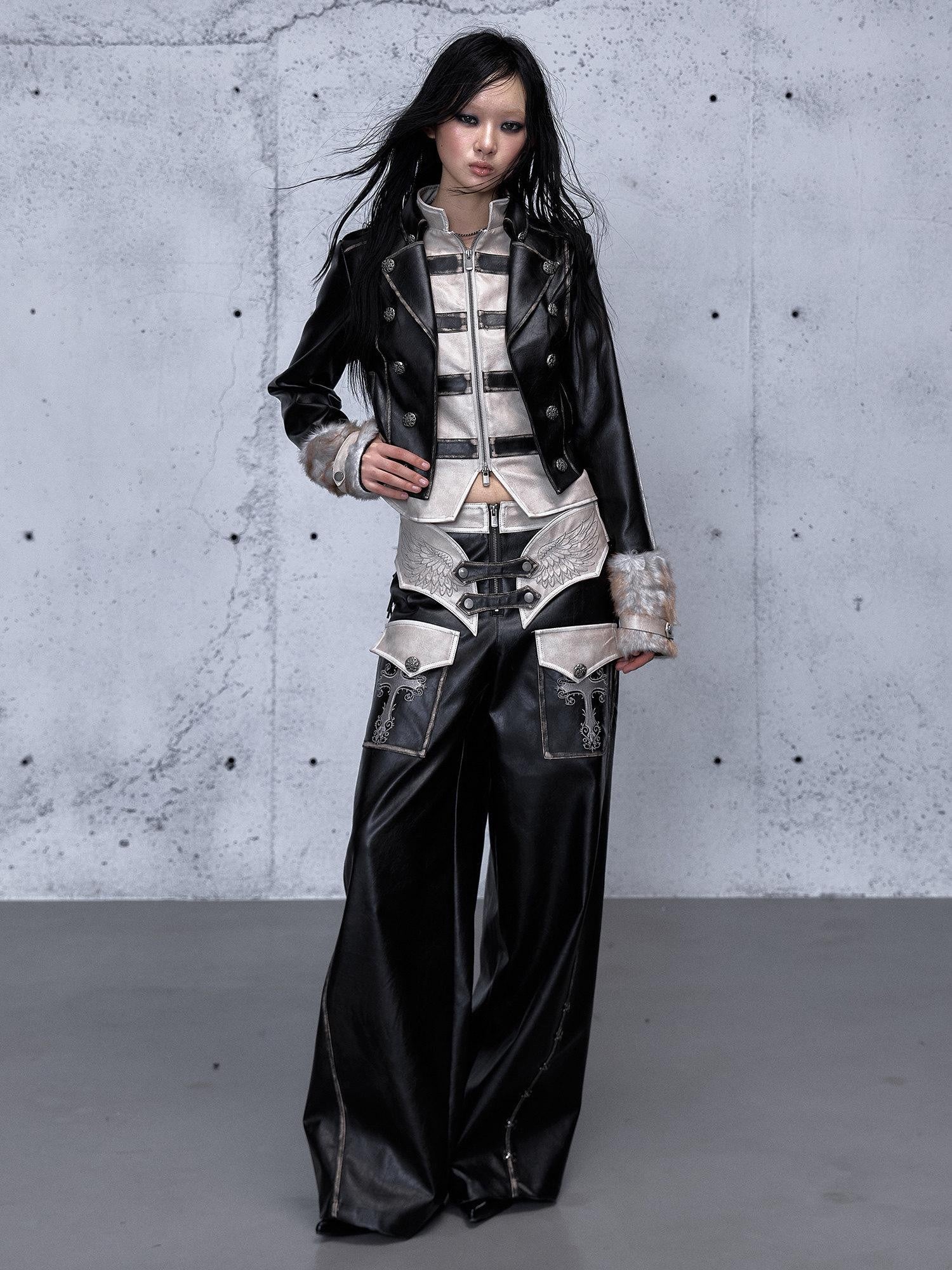 NO ROMANCE Washed Black Colorblock Fur Panel Layered Street Punk Women'S Leather Jackets