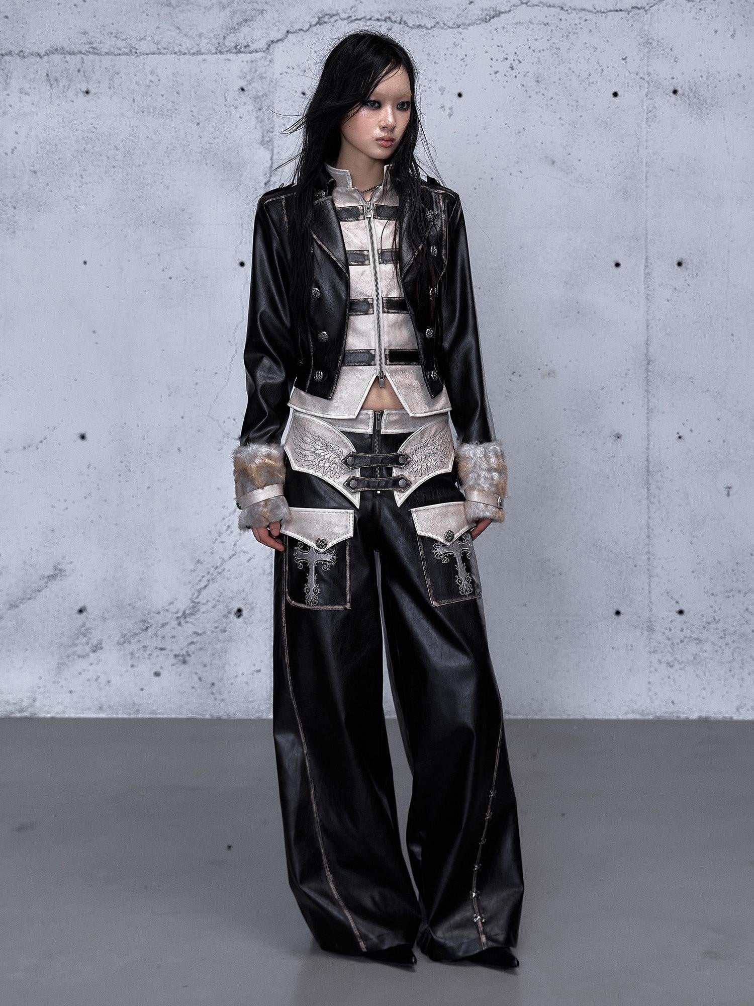 NO ROMANCE Washed Black Colorblock Fur Panel Layered Street Punk Women'S Leather Jackets