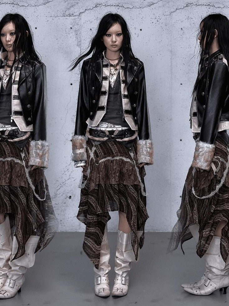 NO ROMANCE Washed Black Colorblock Fur Panel Layered Street Punk Women'S Leather Jackets