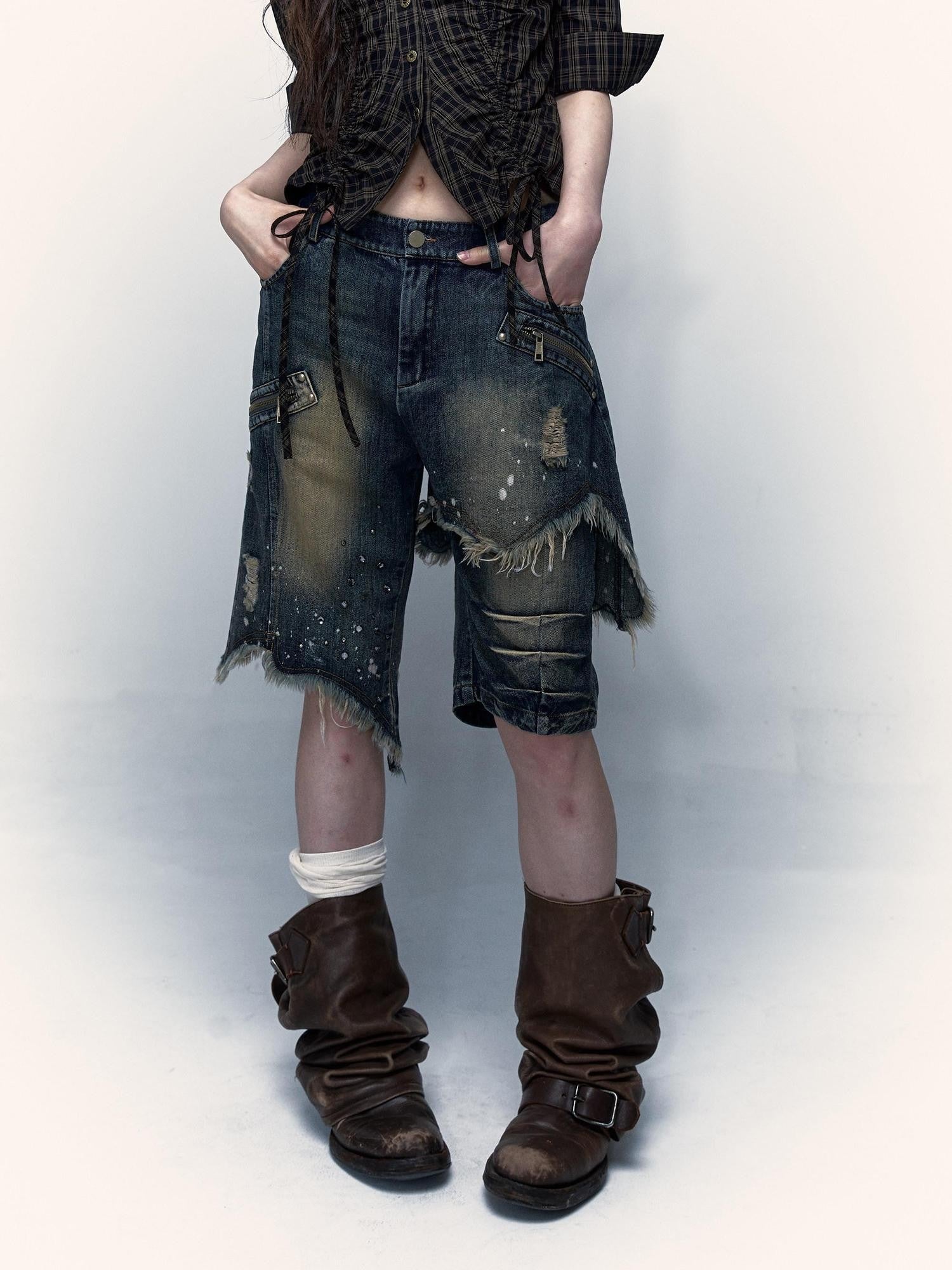 NO ROMANCE Washed Distressed Ripped Punk Street Wide Leg Women'S Lightweight Denim Shorts
