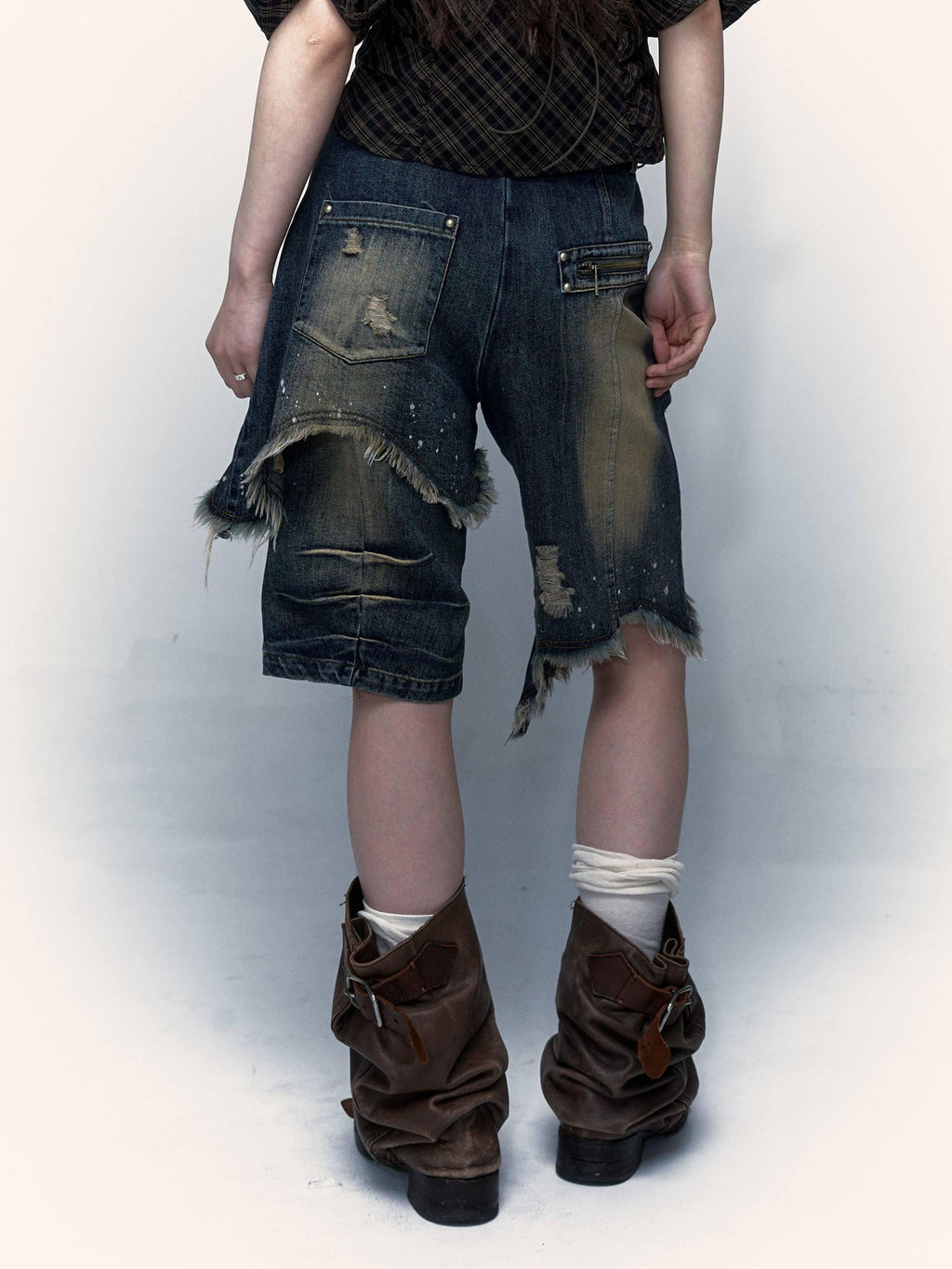 NO ROMANCE Washed Distressed Ripped Punk Street Wide Leg Women'S Lightweight Denim Shorts