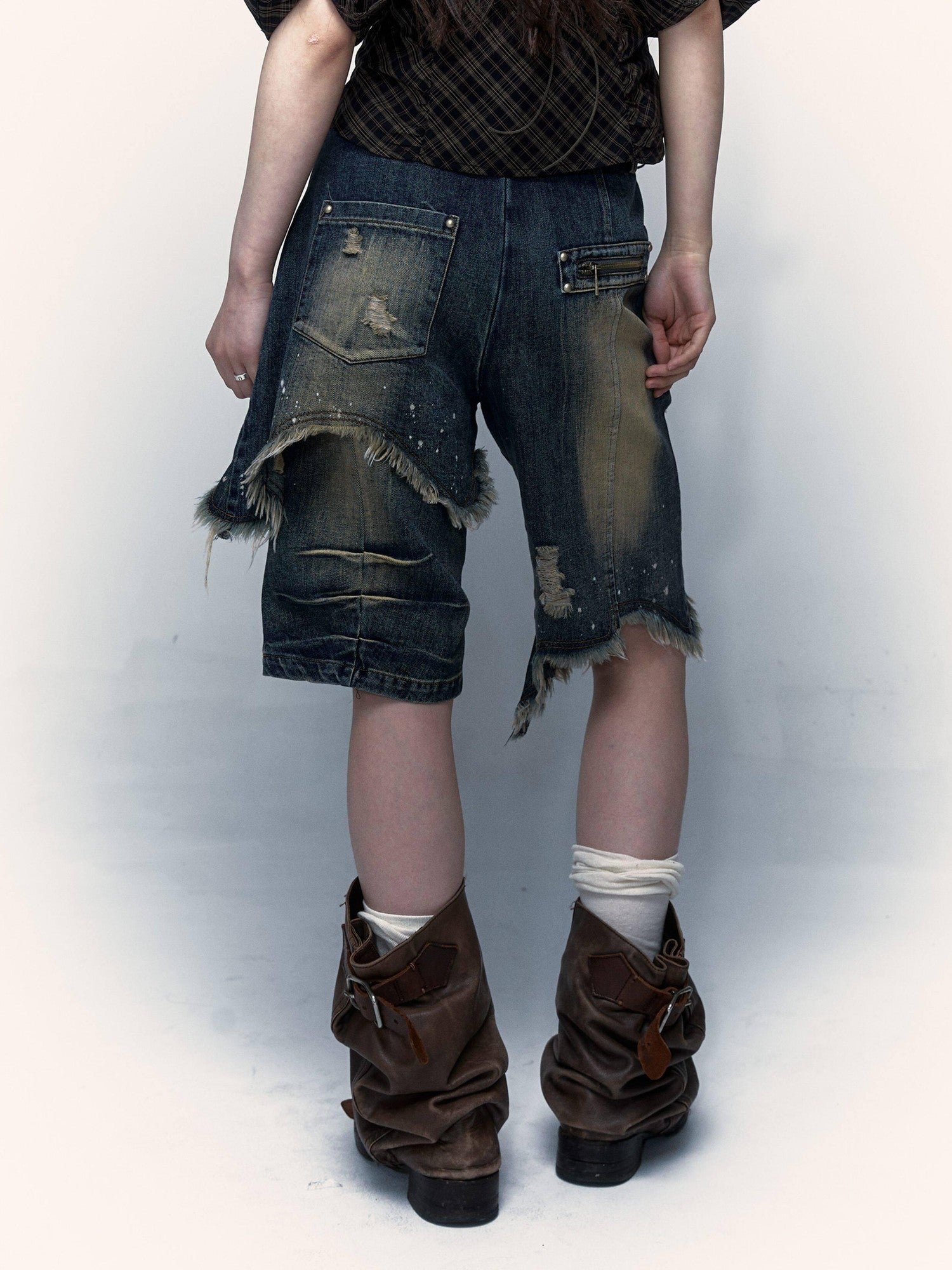 NO ROMANCE Washed Distressed Ripped Punk Street Wide Leg Women'S Lightweight Denim Shorts