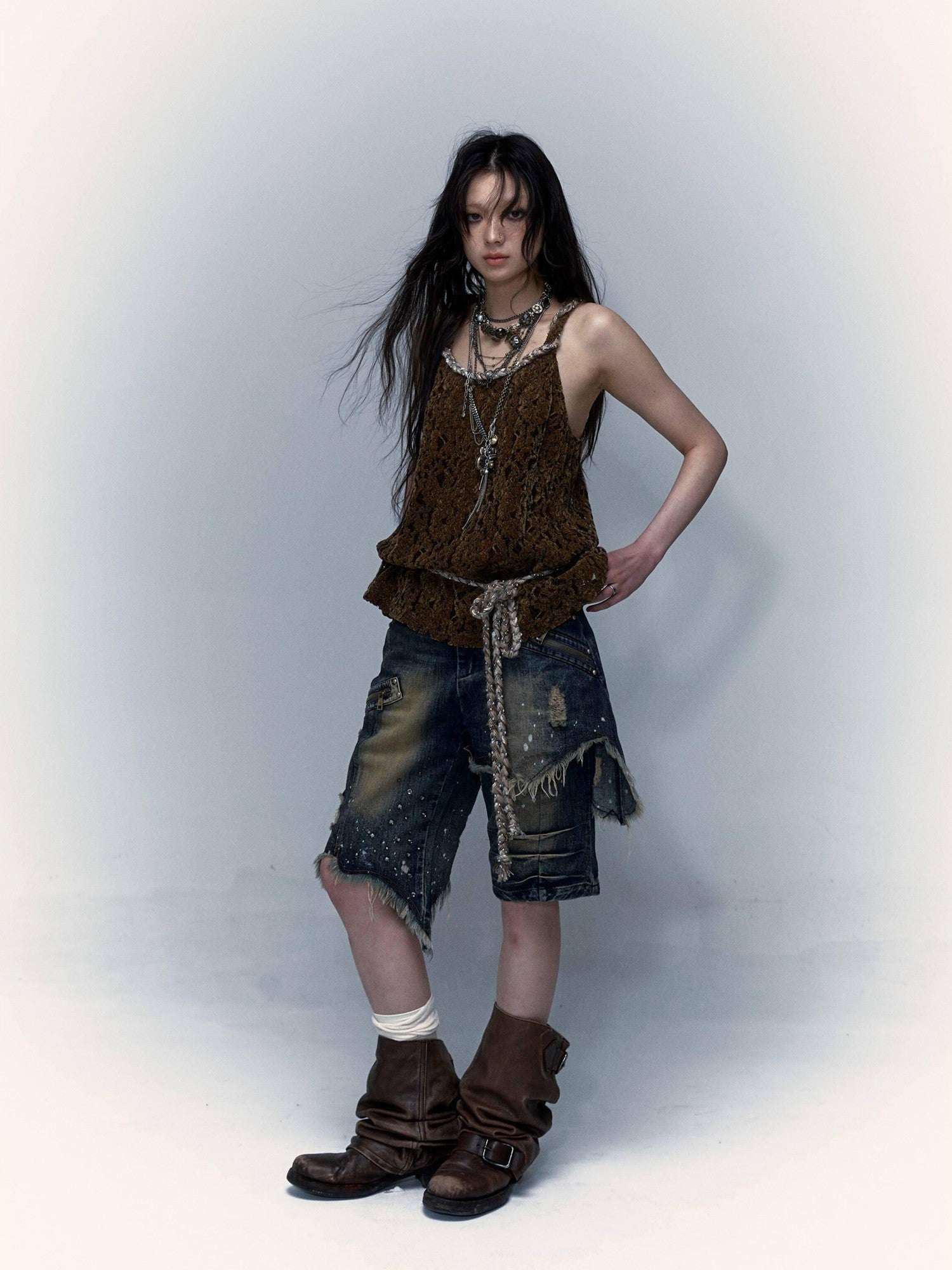 NO ROMANCE Washed Distressed Ripped Punk Street Wide Leg Women'S Lightweight Denim Shorts