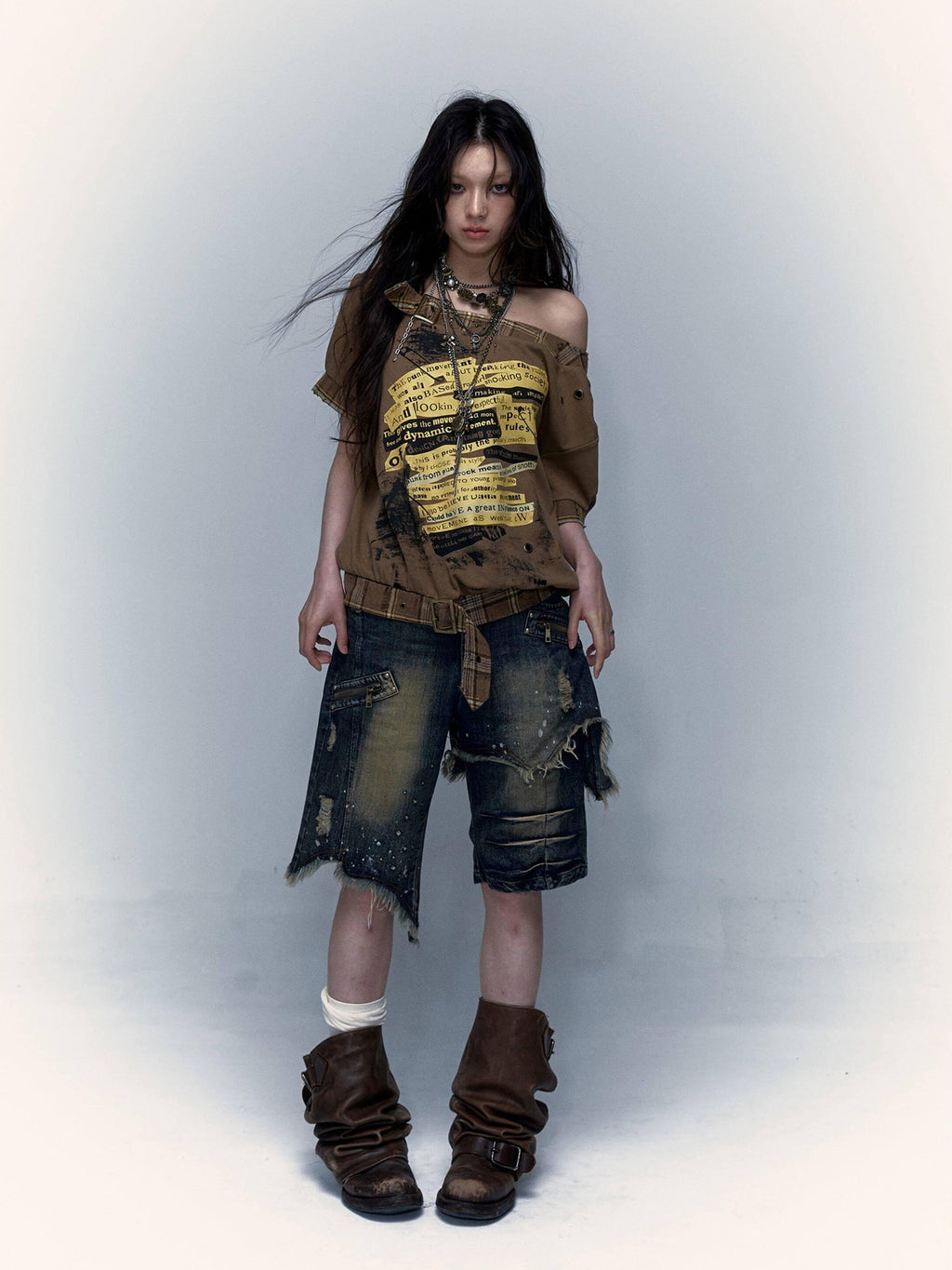 NO ROMANCE Washed Distressed Ripped Punk Street Wide Leg Women'S Lightweight Denim Shorts