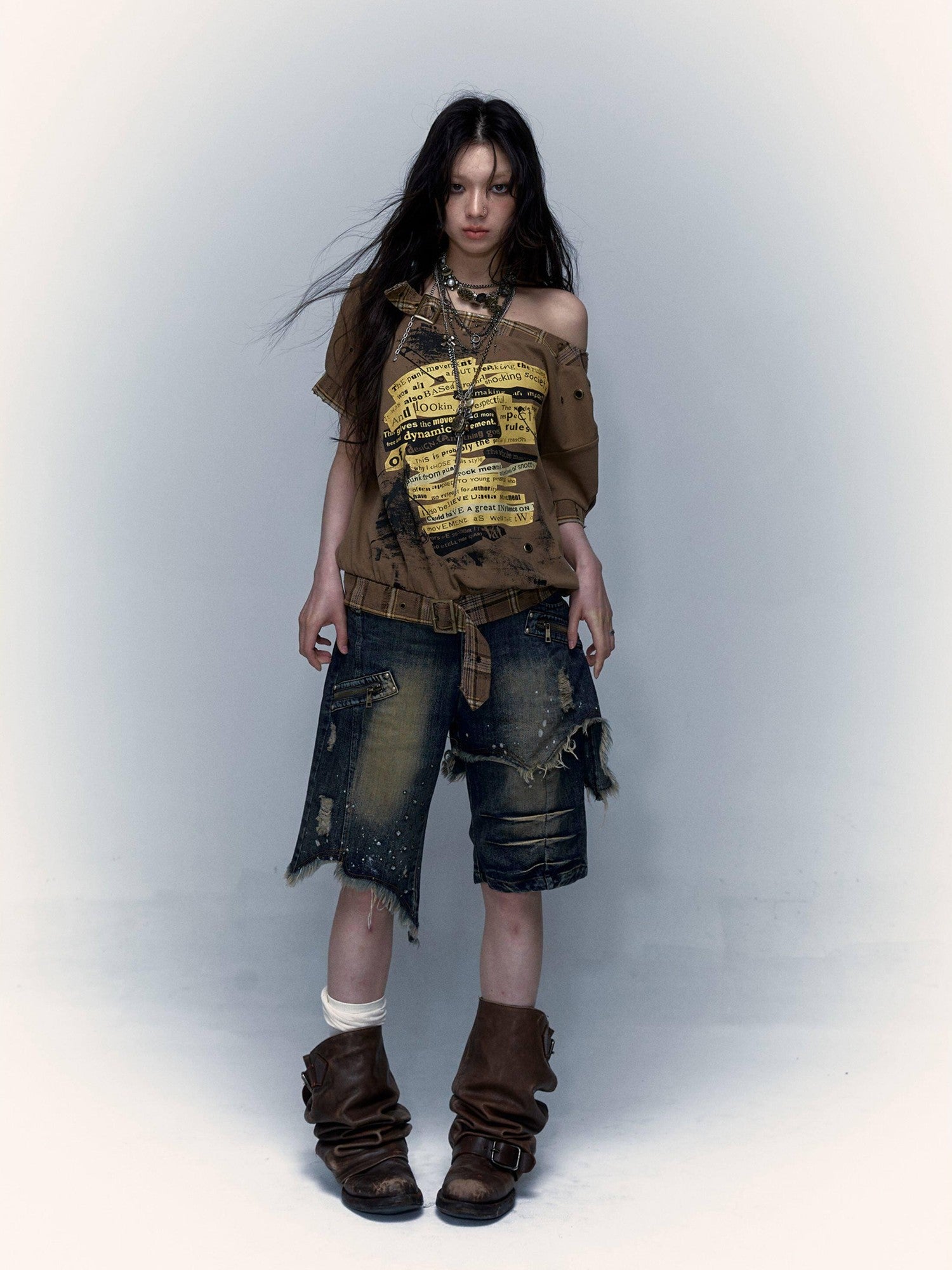NO ROMANCE Washed Distressed Ripped Punk Street Wide Leg Women'S Lightweight Denim Shorts