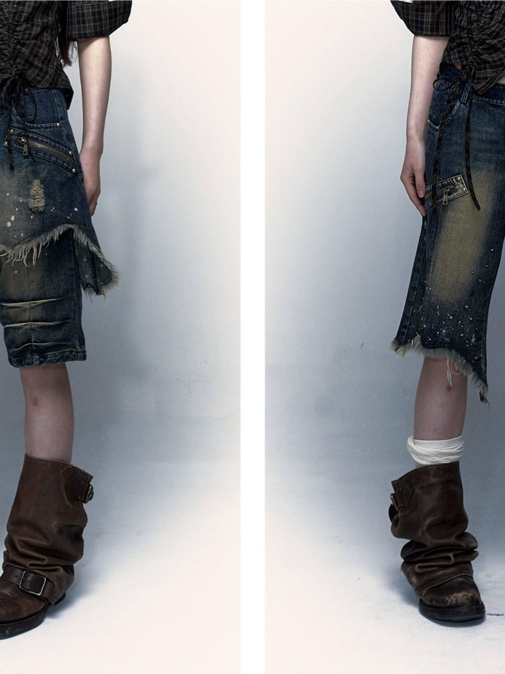 NO ROMANCE Washed Distressed Ripped Punk Street Wide Leg Women'S Lightweight Denim Shorts