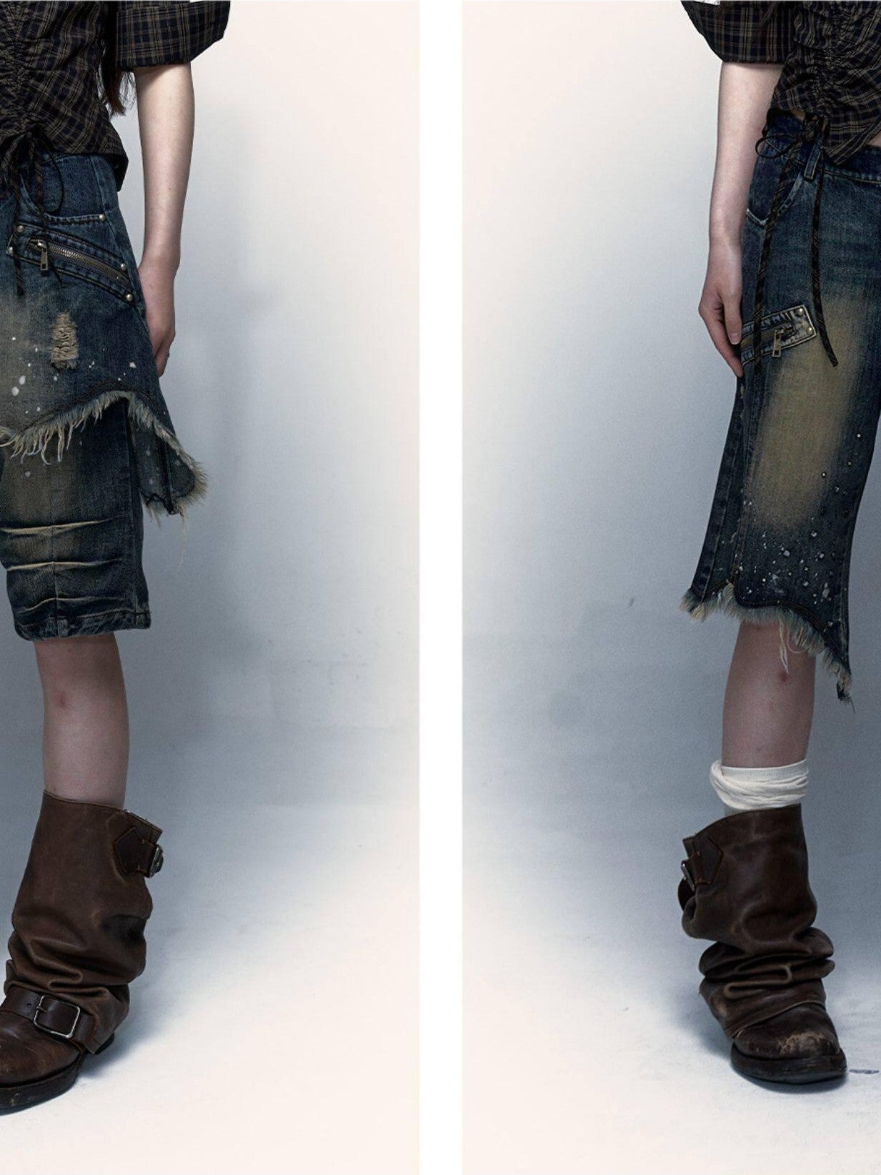 NO ROMANCE Washed Distressed Ripped Punk Street Wide Leg Women'S Lightweight Denim Shorts