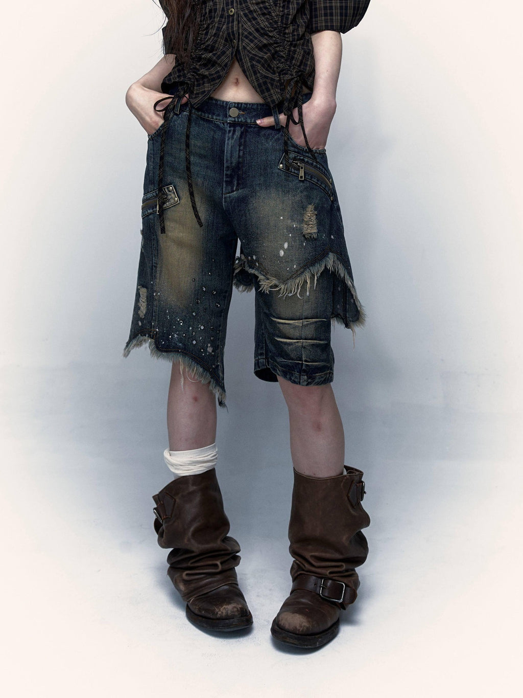NO ROMANCE Washed Distressed Ripped Punk Street Wide Leg Women'S Lightweight Denim Shorts