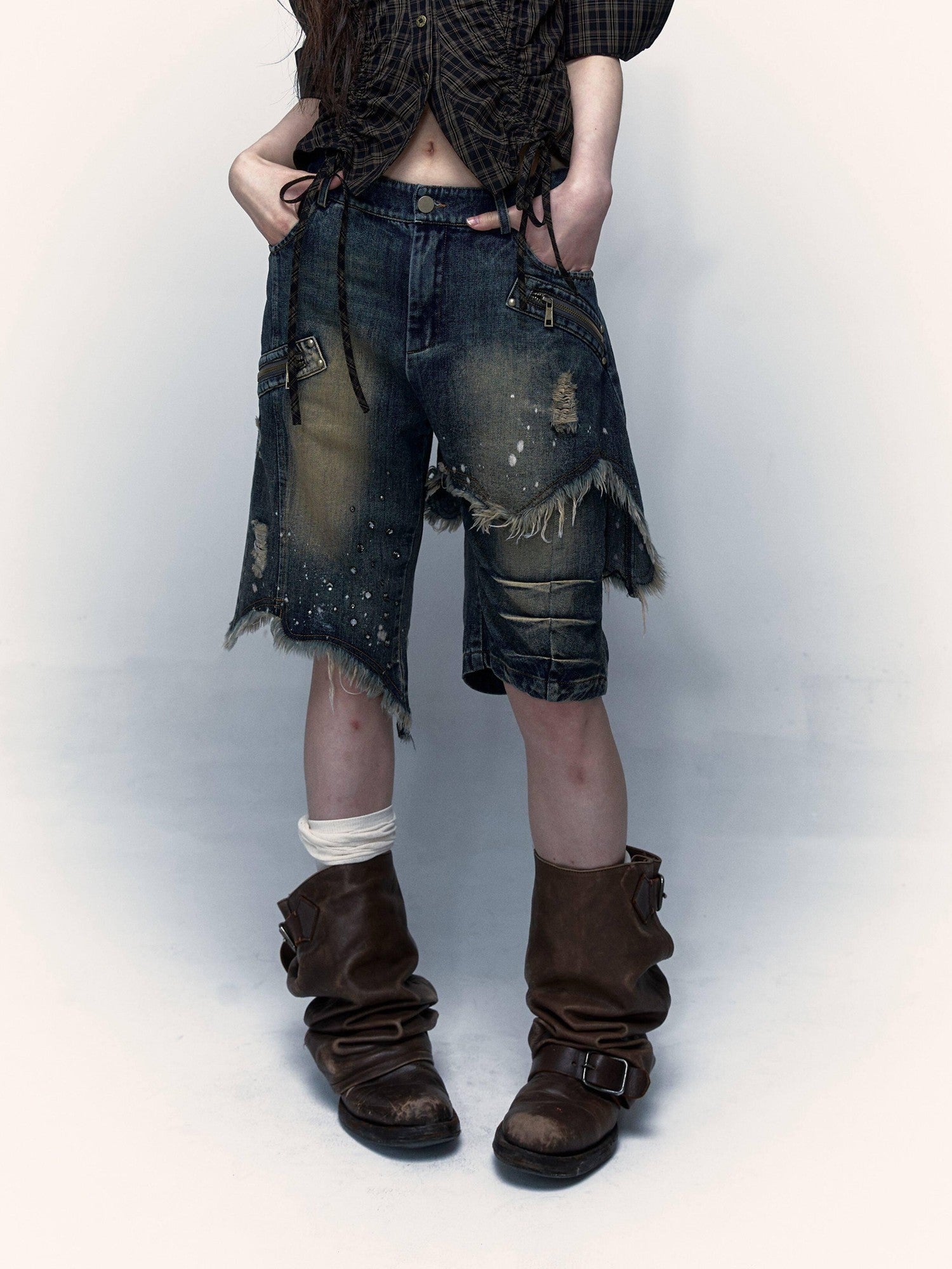 NO ROMANCE Washed Distressed Ripped Punk Street Wide Leg Women'S Lightweight Denim Shorts