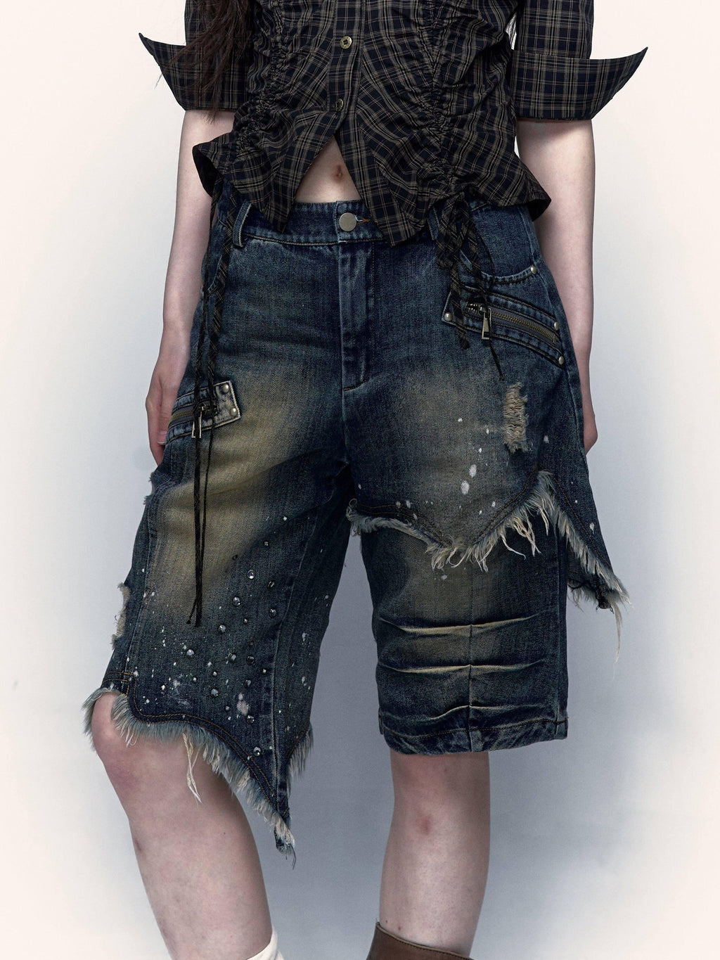 NO ROMANCE Washed Distressed Ripped Punk Street Wide Leg Women'S Lightweight Denim Shorts